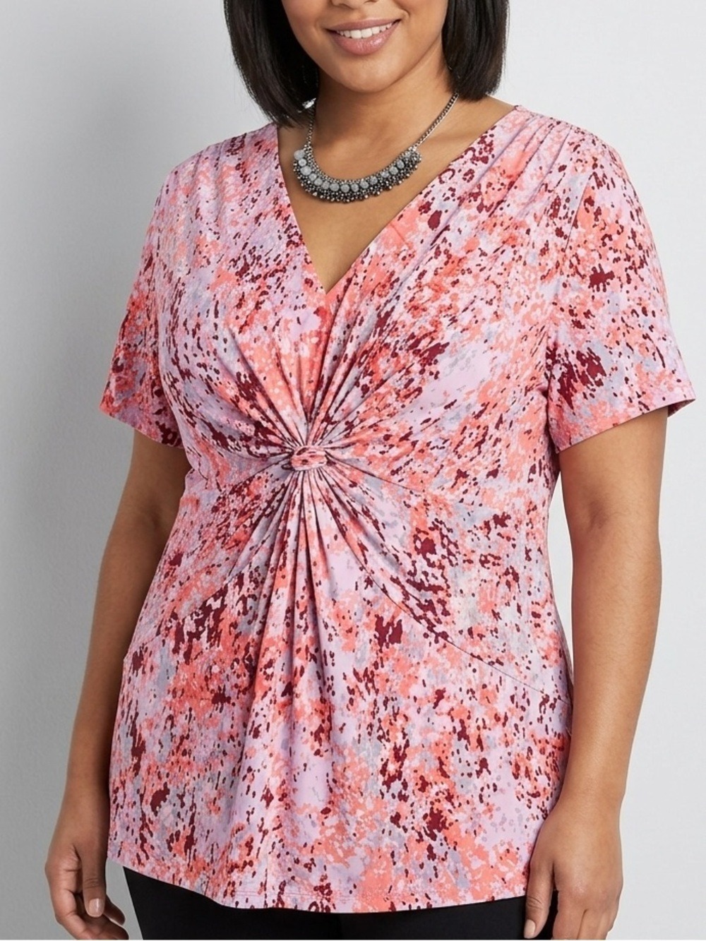 DAISY FUENTES Pink Lilac Floral Twist Front Blouse Size 1X